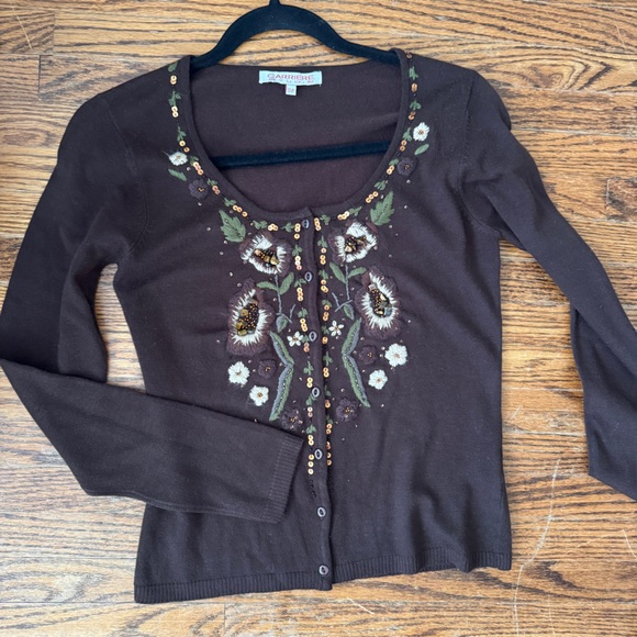 Vintage Y2K Brown Floral Embroidered Beaded Cardigan - Size Small - Picture 8 of 14